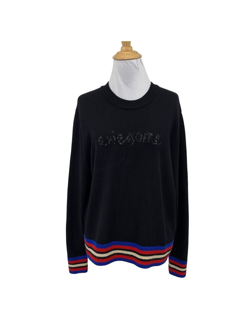 Desigual Sweater Women L Large Black Crew Neck Awesome Sequin Logo Multi Trim